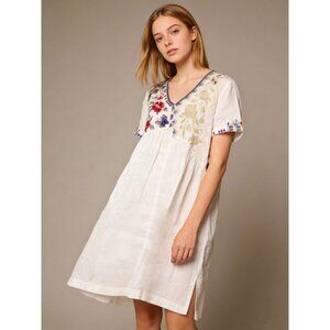 NWOT Johnny Was Linen Embroidery Flowers Floral White V-Neck Midi Dress Size S